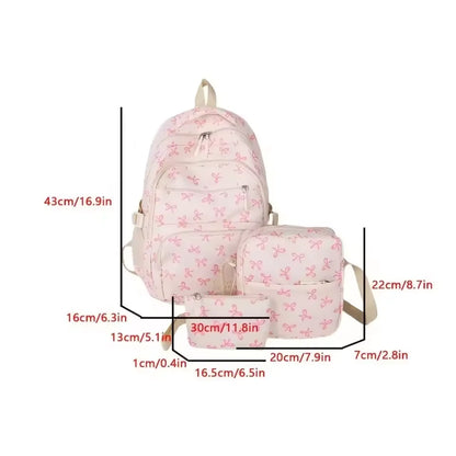 3 Pcs/Set Cute girl Large Capacity Backpack Bow Print Nylon Schoolbag Adjustable Strap Women daily Campus Backpack