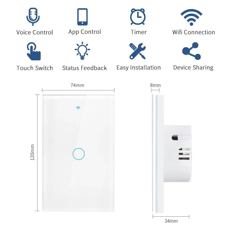 Tuya App US WiFi Smart Wall Switch 1/2/3/4 Gang No Neutral Wire Touch Sensor LED Light Switches Smart Home Alexa Google Home