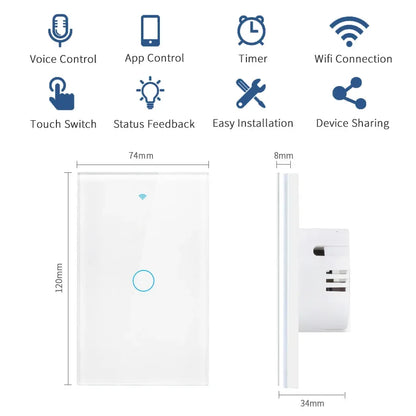 Tuya App US WiFi Smart Wall Switch 1/2/3/4 Gang No Neutral Wire Touch Sensor LED Light Switches Smart Home Alexa Google Home
