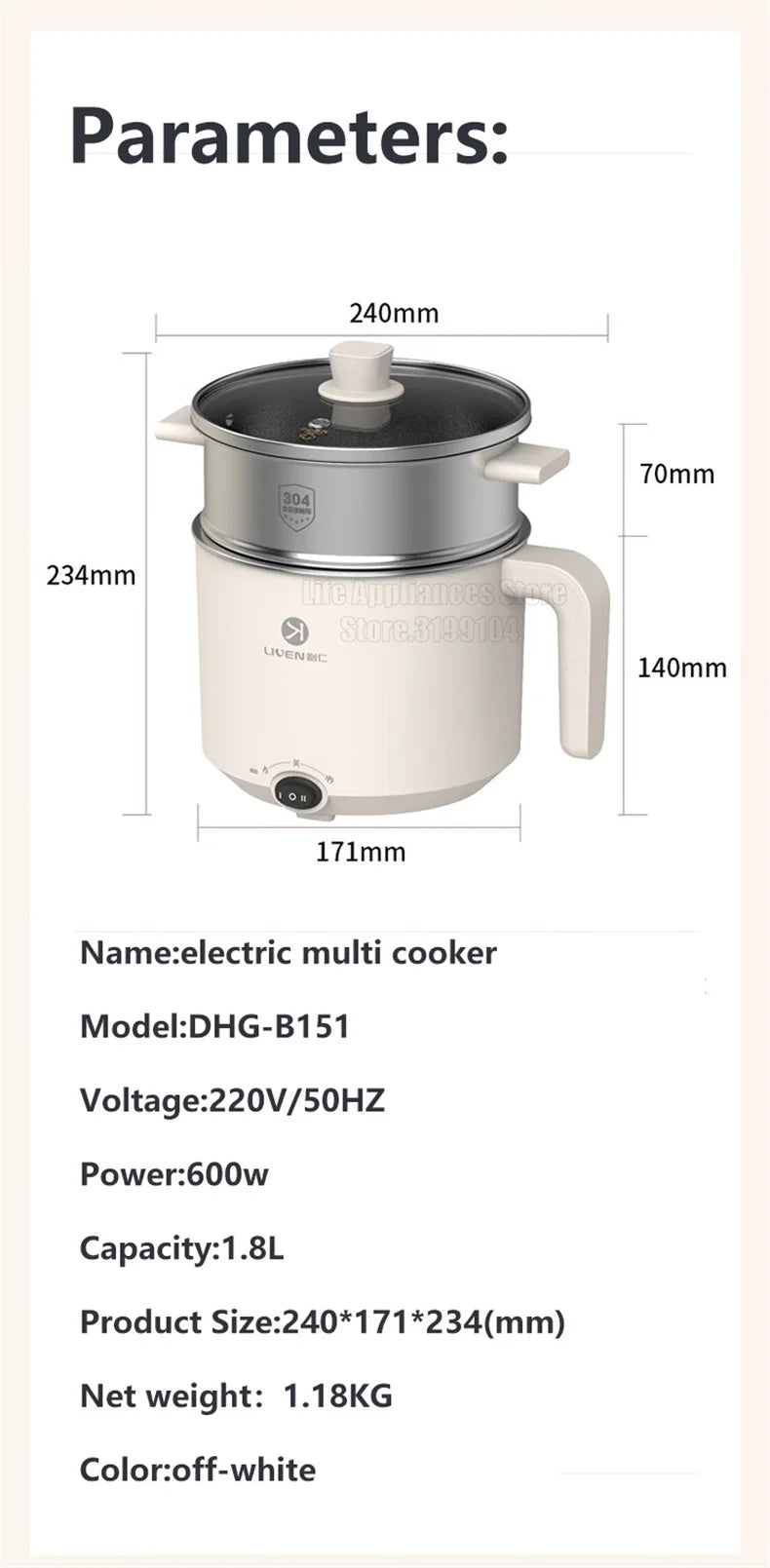 Liven Electric Multi Cooker 1.8L with 304 Stainless Steel Steamer Multifunctional Cooking Rice Porridge Noodle Mini Hot Pot 600W