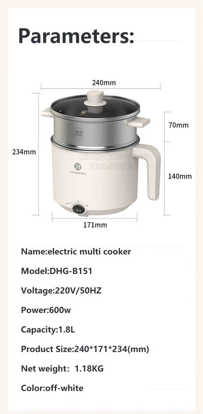 Liven Electric Multi Cooker 1.8L with 304 Stainless Steel Steamer Multifunctional Cooking Rice Porridge Noodle Mini Hot Pot 600W