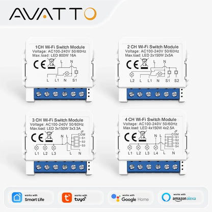 AVATTO WiFi Smart Light Switch Module，1/2/3/4 Gang DIY Breaker Neutral Wire Control Works With Tuya Alexa, Google Home