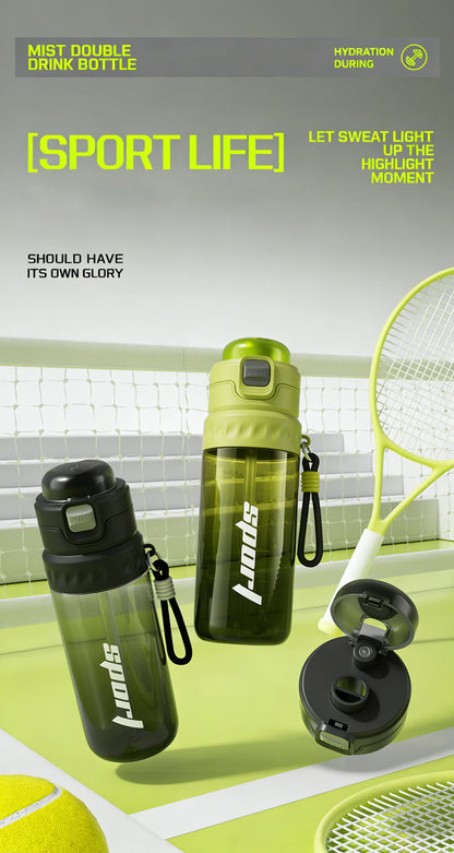 750ML Portable Mist Spray Water Bottle Double Drinking Sports Bottle Leakproof Gym Running Hiking Camping Outdoor Activity Gift
