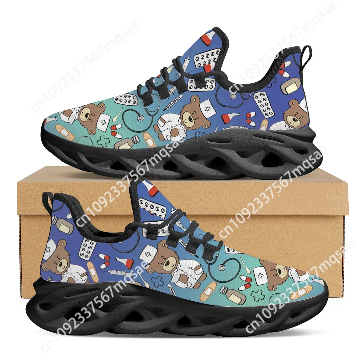 3D Doctor Nurse Dentist Print Flat Shoes Personality Gradient Bear Pattern Sneakers Breathable Lightweight Winter Lace-Up Shoes