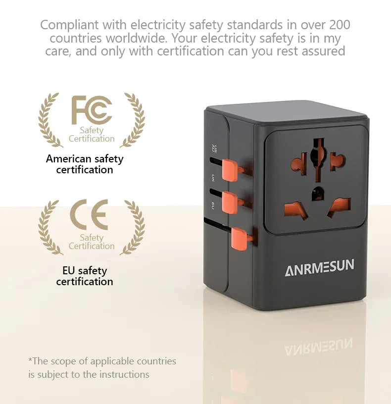 65W/45W/25W GaN Universal Travel Adapter with 2 USB 2 Type C Fast Charging All-in-one Travel Charger EU/UK/USA/AUS for Travel