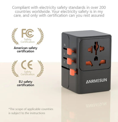 65W/45W/25W GaN Universal Travel Adapter with 2 USB 2 Type C Fast Charging All-in-one Travel Charger EU/UK/USA/AUS for Travel