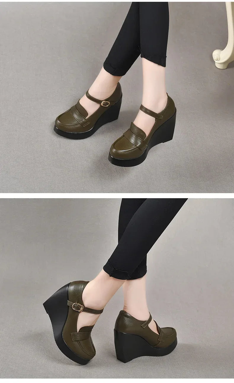 GKTINOO 2025 Wedges Women Shoe Spring Autumn Slip-On High Heels Round Toe Genuine Leather Casual Ladies Platform Shoes Woman