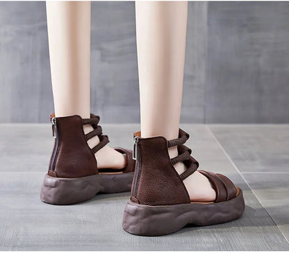 Koznoy 8cm Natural Genuine Leather Sandals Boots Flats Platform Wedge Summer Women Hollow Pumps Peep Toe Booties Mary Jane Shoes