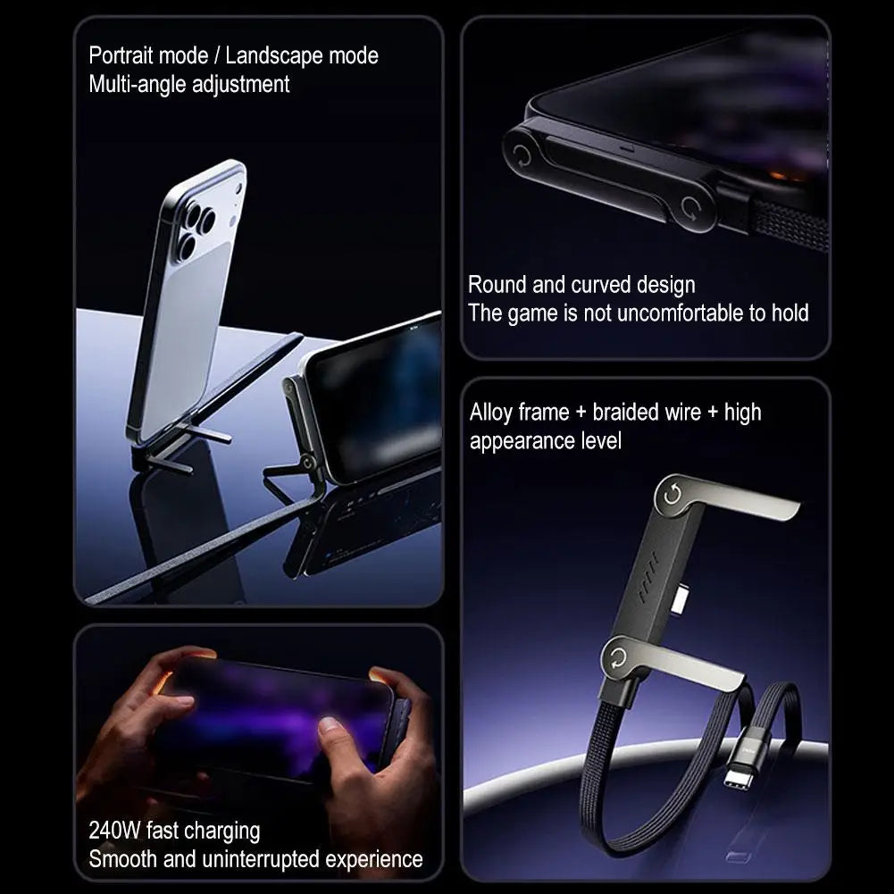 240W Fast Charging Phone Holder Data Fast Charging Cable Phone Tablet Built in Foldable KickStand Holder 2-in-1 Type-C To C