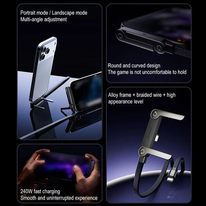 240W Fast Charging Phone Holder Data Fast Charging Cable Phone Tablet Built in Foldable KickStand Holder 2-in-1 Type-C To C