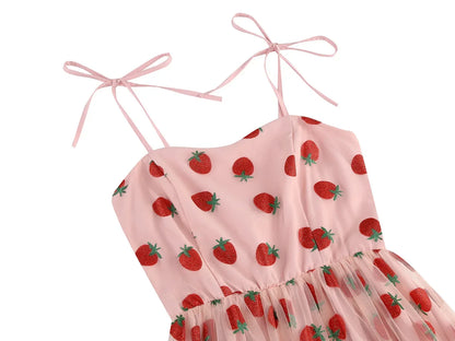 Knot Strap Strawberry Patchwork Vintage Dress 2025 Heart Flocking Valentine's Day Dress Women Birthday Party Pleated Mesh Dress