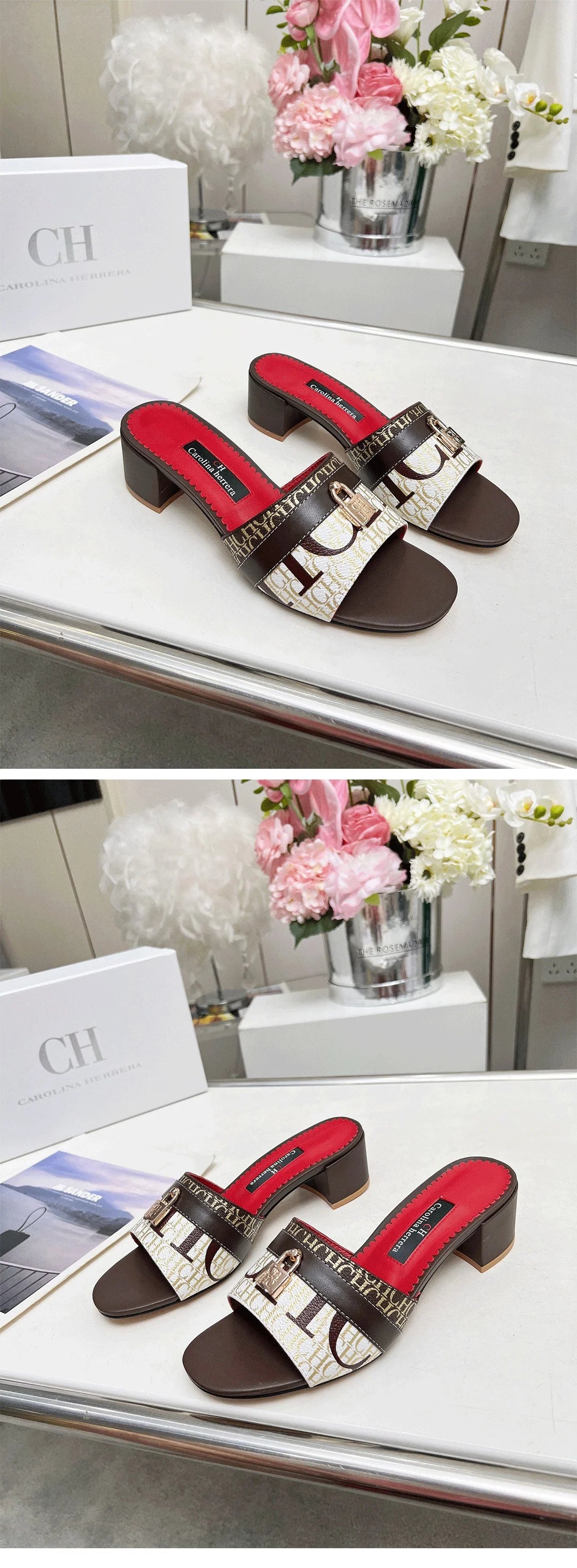 CH Brand Metal Buckle Embossed Sandals With Block Heels Open Toe Design Comfortable And Stylish Outdoor Slippers
