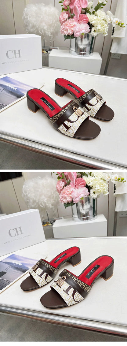 CH Brand Metal Buckle Embossed Sandals With Block Heels Open Toe Design Comfortable And Stylish Outdoor Slippers