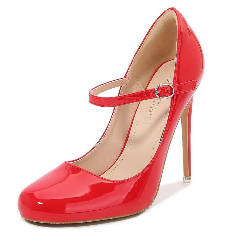 Women Patent Leather High Thin Heel Shoes Ankle Strap Women Pumps for Office Nightclub Party Wedding Cross Dressing Wide Shoes