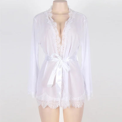 Women's Sheer Lace Kimono Robe, Long Sleeve V-Neck Belted Soft Bridal Wedding Lingerie Nightwear Multi-color