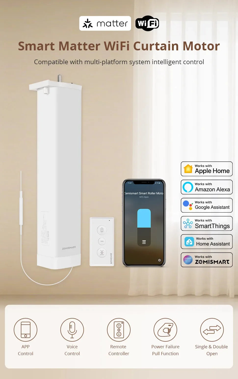 Matter Over WiFi Smart Sliding Curtain Motor Support Google Home Smartthings Homekit Alexa Control Automatic Curtain System