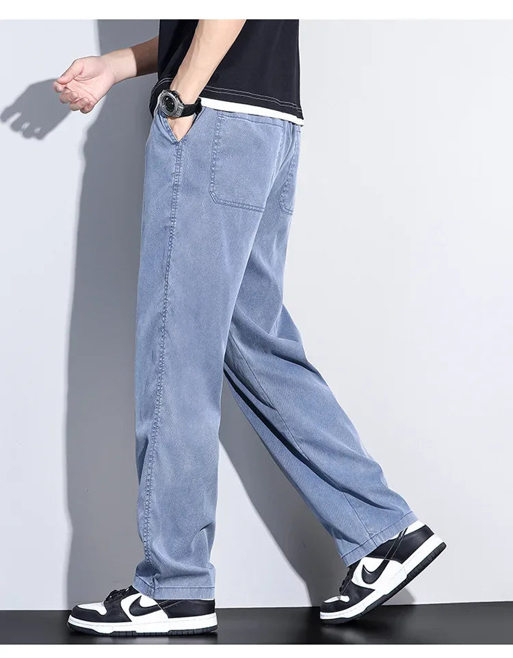 2024 Summer Jeans for Men Thin Soft Lyocell Fabric Loose Straight Wide Leg Pants Elastic Waist Casual Trousers Plus Size M-5XL