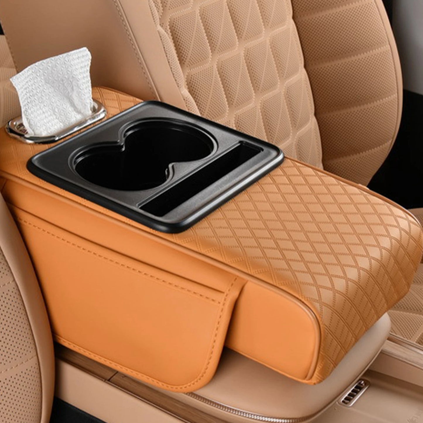 Car Armrest Box Heightening Cushion With Cup Holder Tissue Box Side Storage Pocket For Auto Interior Arm Rest Cover Height Pad