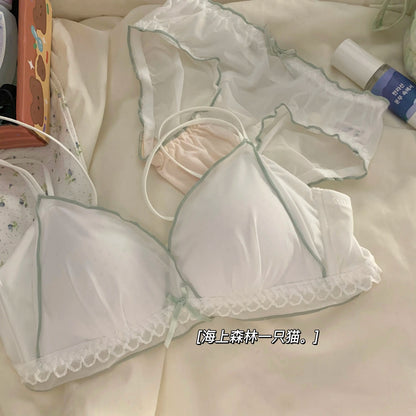 Wirefree Push Up Bra Set for Small Bust | French Ruffle Trim Silk Feel Thin Cups, Sweet Sexy Bralette | Hot MOYISU Sexy Panty AB