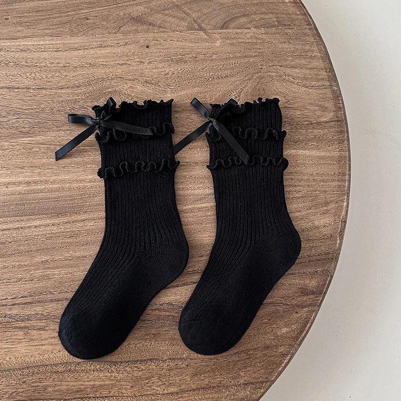 Korean Fashion Lace Lolita Calf Sock for Kids Girl Beige Black Color Ruffle Bow Children Calf Sock Spring Autumn Cotton Sock