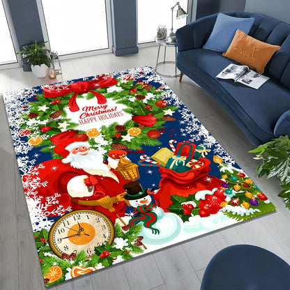 Happy New Year Merry Christmas Tree Santa Claus Cartoon Gift Carpet Rug for Bedroom Living Room Sofa Home Doormat Decor,Non-slip
