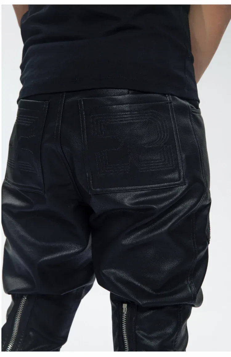 Mauroicardi Spring Autumn Cool Black Pu Leather Pants Men with Many Zippers Belt Luxury Designer Clothing Trousers Fashions 2023