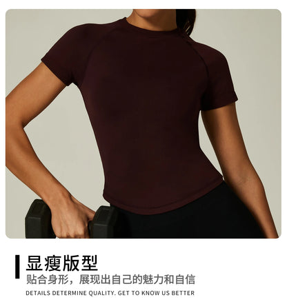 ZHEJIN Seamless Sports T-shirt Women Slim Fit Gym Workout Top Short Sleeve Yoga Shirt Curved Hem Breathable Athletic Sportswear