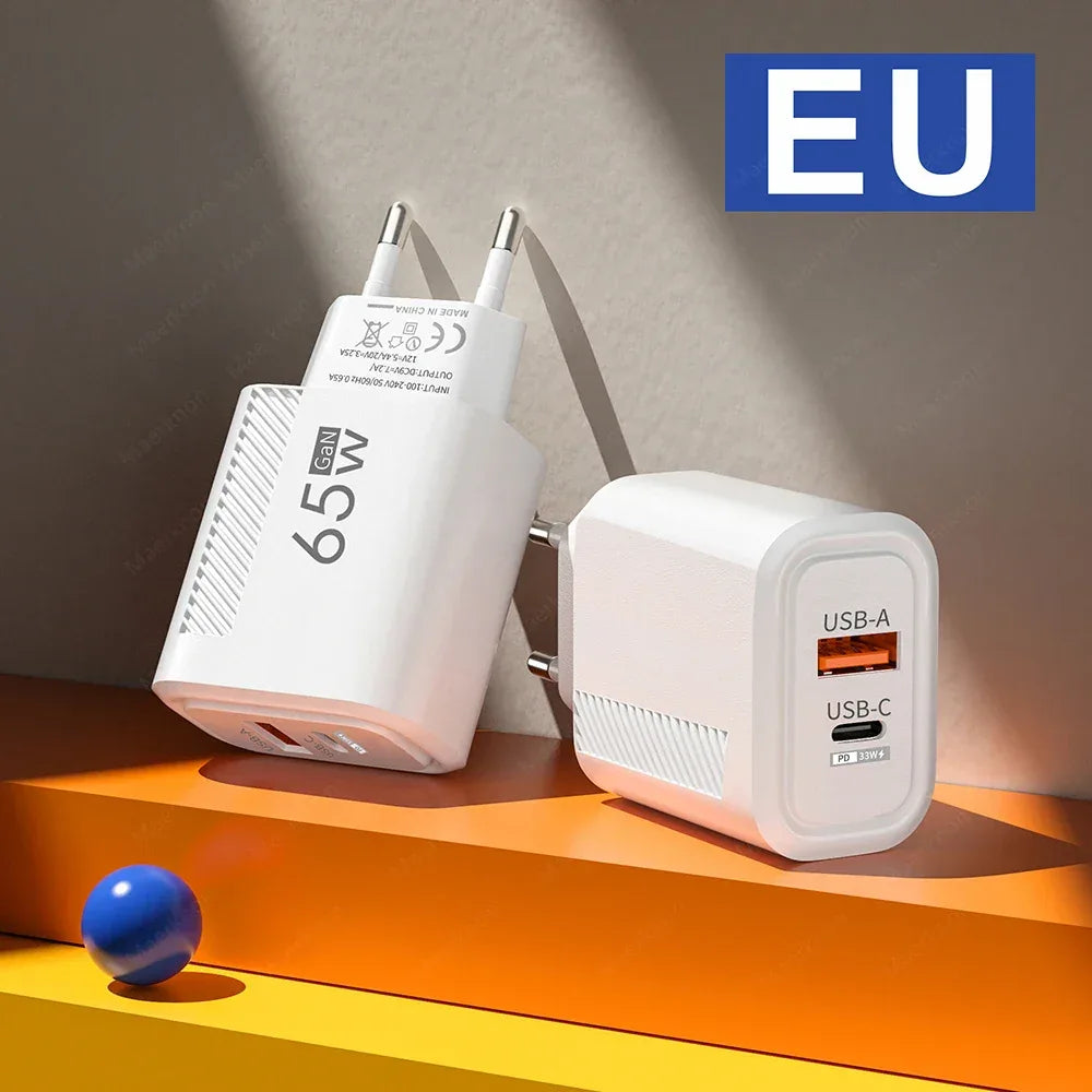 65W GaN USB C Fast Charger QC3.0 EU/US Plug Phone Charger Adapter For iPhone Samsung Xiaomi Quick Charging Type C Wall Charger