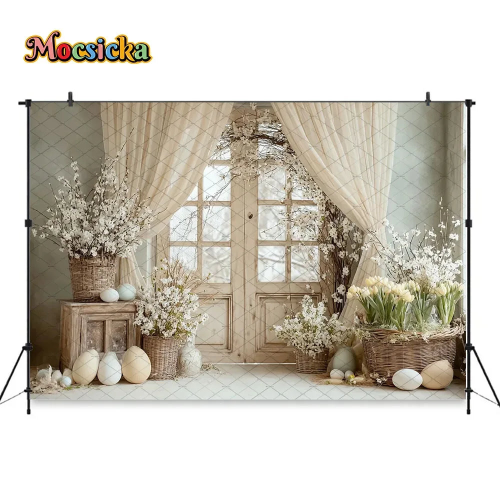 Mocsicka Spring Easter Background Photography White Retro Door Colorful Egg Floral Backdrop Maternity Newborn Photozone Studio
