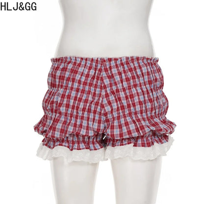 HLJ&GG White Knit Letter Fashion Y2K Outfits Women O Neck Sleeveless Slim Crop Top + Lace Plaid Shorts Two Piece Sets Streetwear