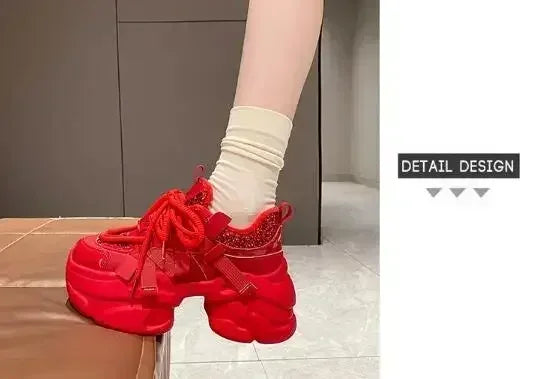 8CM Women Bling Red Chunky Sneakers Winter High Platform Warm Fur Shoes Ladies Wedges Casual Dad Shoes Leather Sports Sneakers