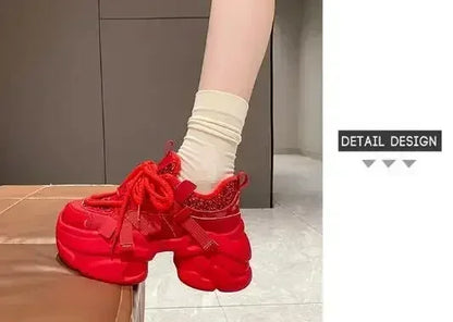 8CM Women Bling Red Chunky Sneakers Winter High Platform Warm Fur Shoes Ladies Wedges Casual Dad Shoes Leather Sports Sneakers