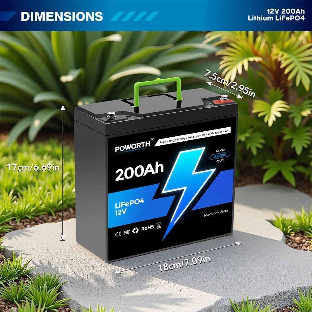 🔥LiFePO4 12V 200Ah Battery Integrated BMS, 8000+ Cycles,Designed for ️Solar Storage, Campers, Boats & Off-Grid Living Spaces