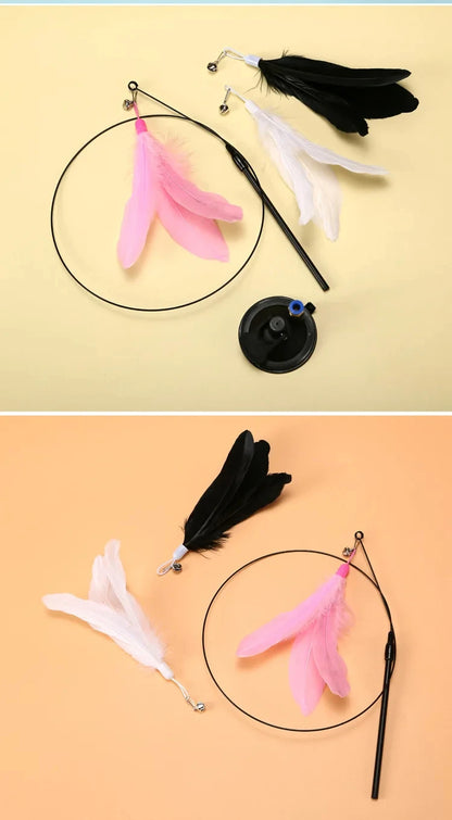 Interactive Cat Toy Handfree Cat Stick Kitten Playing Teaser Wand Toy Suction Cup Feather Wand Pet Supplies Simulation Feather