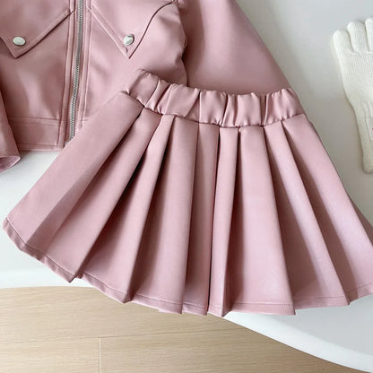 2024 Girls Baby Spring Autumn Winter PU Clothing Set Fashion Kids Leather Zipper Jackets+skirts Children 2pcs Birthday Clothes