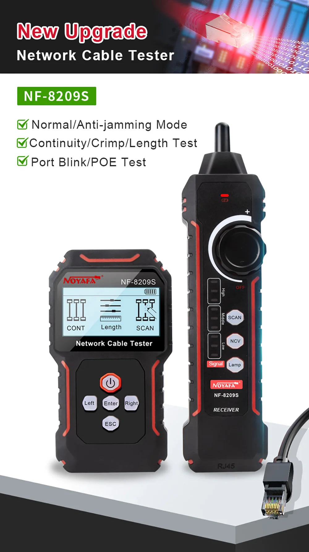 NOYAFA NF-8209S Network Cable Tester Cable Tracker Cat5 Cat6 PoE Tester Detect Length Continuity Test with NCV & Lamp