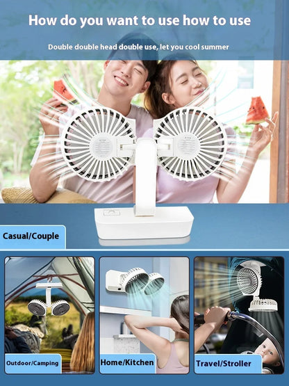 2024 New Multi-Function Double-Head Shaking Fan 4-Gears Adjustable High-Definition Digital Display Night Lights Portable Fan