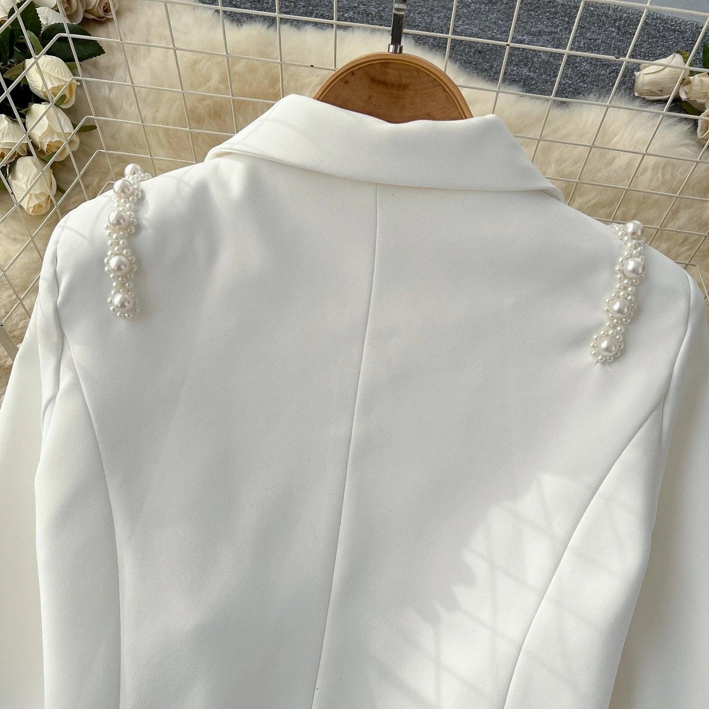 Chic Notched Basics Long Sleeve Elegant Embroidered Bead Butterfly Loose Coat French Streetwear High Street Autumn Winter Top
