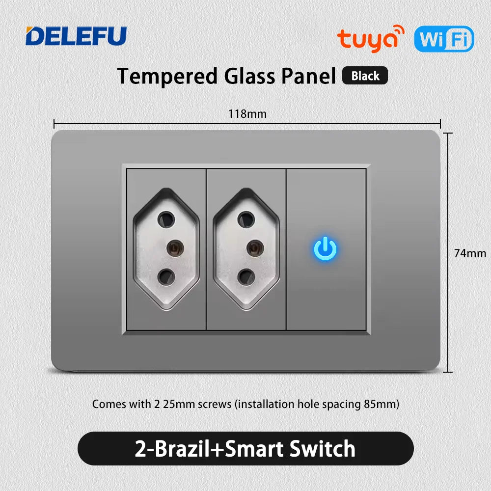 DELEFU Grey PC Panel Brazil Standard Wall Power Socket Double USB Type C Outlet Light Switch Home Office Electrical Plug 10A 20A
