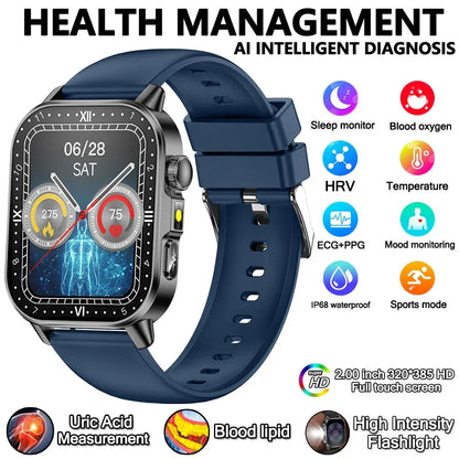 2026 New Model Uric Acid & Lipid Health Analysis Smart Watch Men ECG+PPG Bluetooth Call 2.01-inch Flashlight Smartwatch Women