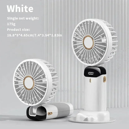 2026 New Handheld Mini Fan Foldable Neck Hanging Fans 5 Speed USB Rechargeable Fan with Phone Stand and Display Screen 1800mAh