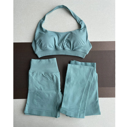 2 Pieces Yoga Gym Set Women Seamless Strappy Yoga Bra High Waist Workout Scrunch Shorts Sports Set Fitness Clothes Sportswear