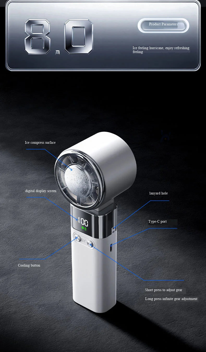 Handheld Fan with Semiconductor Cooling, Ice Compress, Ultra-Long Battery Life, Foldable Tabletop, Digital Display, Mini Fan
