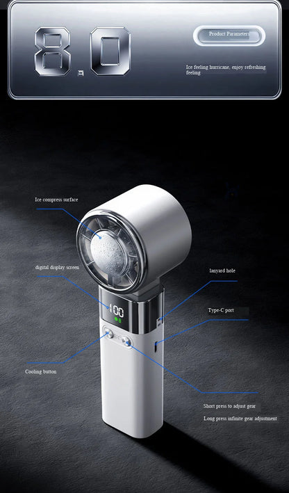 Handheld Fan with Semiconductor Cooling, Ice Compress, Ultra-Long Battery Life, Foldable Tabletop, Digital Display, Mini Fan