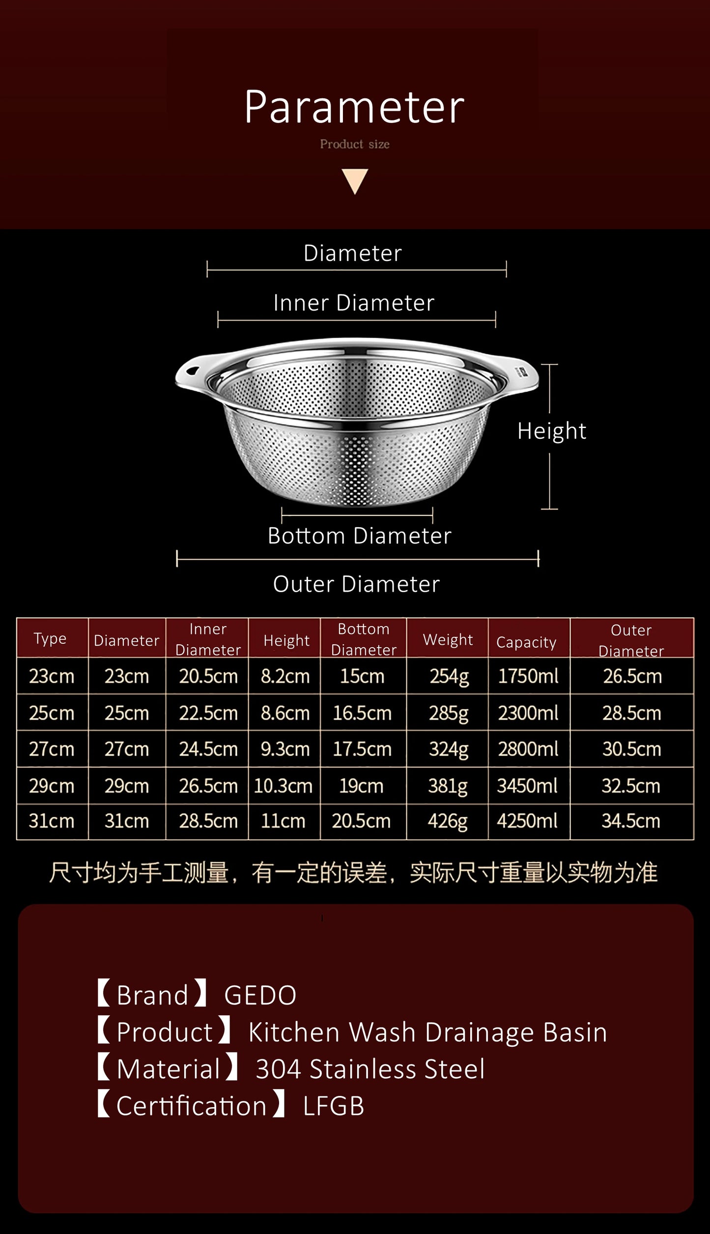 LFGB Certification Kitchen Fruit Vegetable and Rice Washing Basin 23~31cm Diameter Dense Drainage Hole Colander with Side Handle