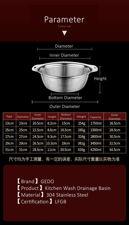 LFGB Certification Kitchen Fruit Vegetable and Rice Washing Basin 23~31cm Diameter Dense Drainage Hole Colander with Side Handle