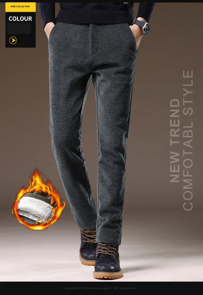 Casual Pants Men Winter New Fleece Business Elastic Waist Slim Korean Warm Thick Brushed Plush Trousers Male 28-38