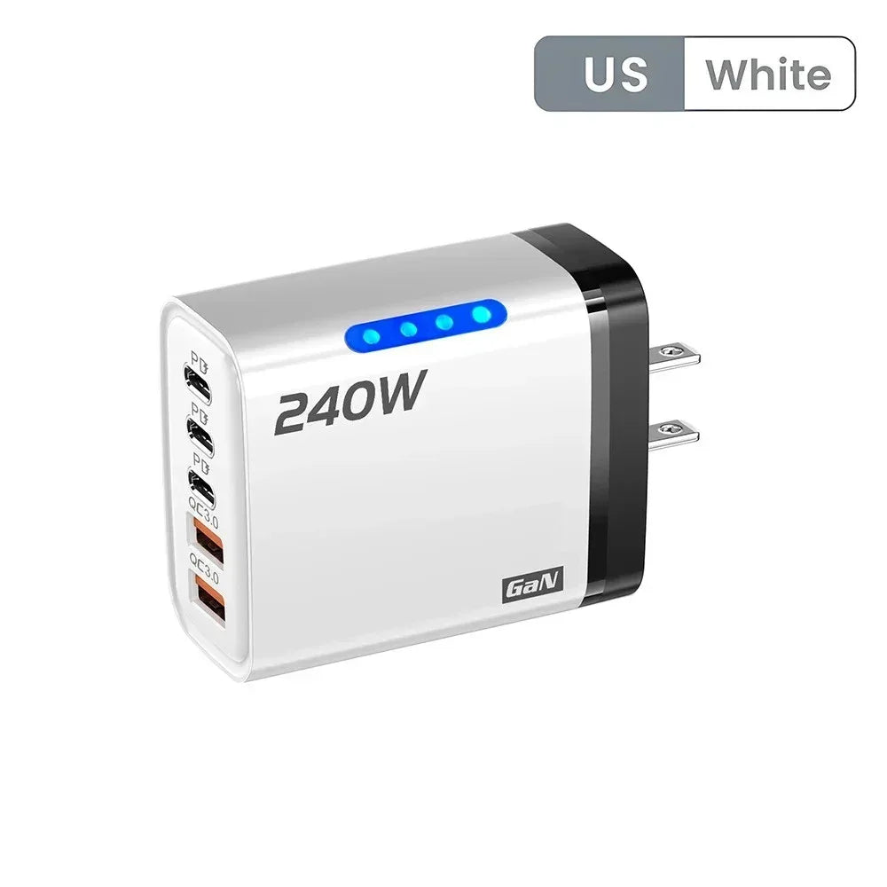 Total 240W Power GaN Charger 5 in 1 Fast Charging Charger PD Adapter For iPhone Samsung Xiaomi Huawei Laptop Tablet 2USB 3C