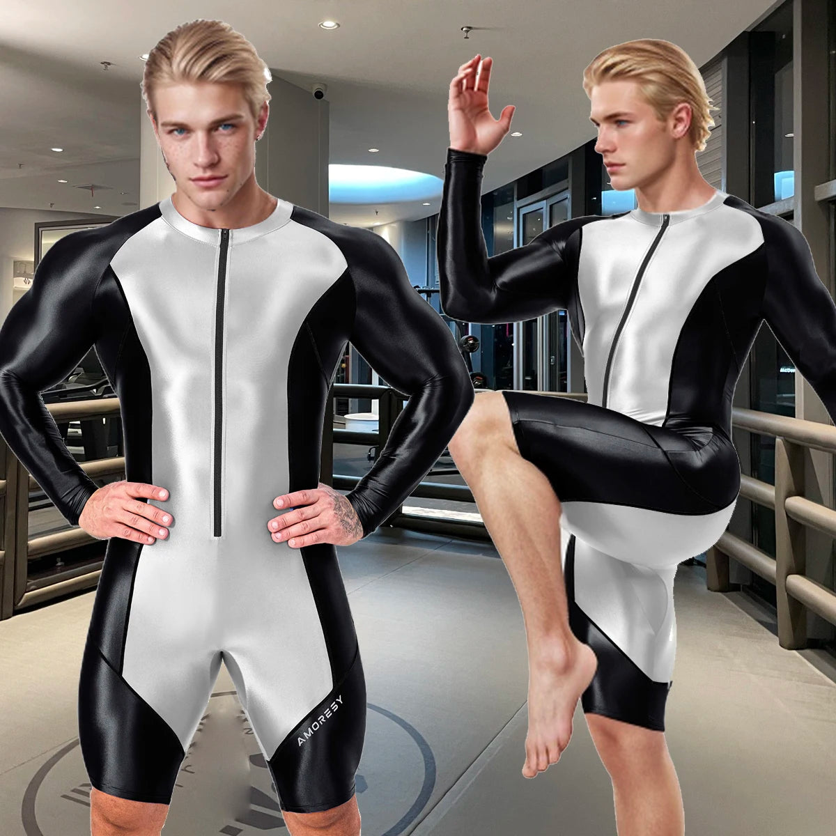 AMORESY Atticus Series Men Glossy Smooth Patchwork High Stretch Long Sleeve Knee Length Tracksuit Jumpsuit Bodysuit Fitness Gym