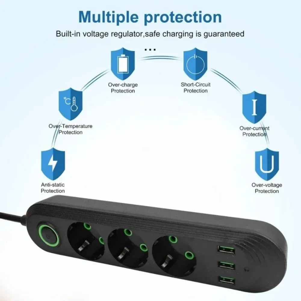 2500W EU Plug Power Socket 2m Extension Cable 3 USB Jack 3/4/5 Holes Power Strip Socket Network Filter With USB Ports Charging